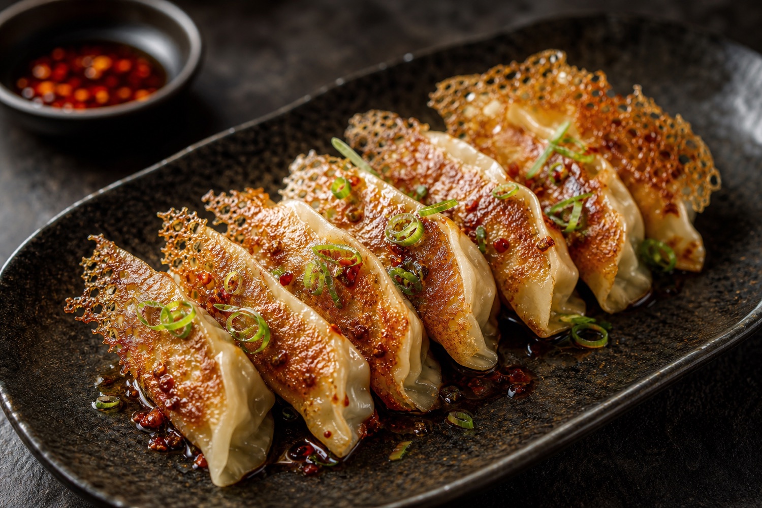 Pan-fried prawn and chive dumplings with golden crispy bottoms, served with chilli oil