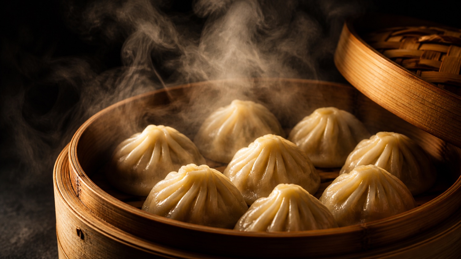 A bamboo steamer of hand-folded dumplings with steam rising, lit warmly against a dark background