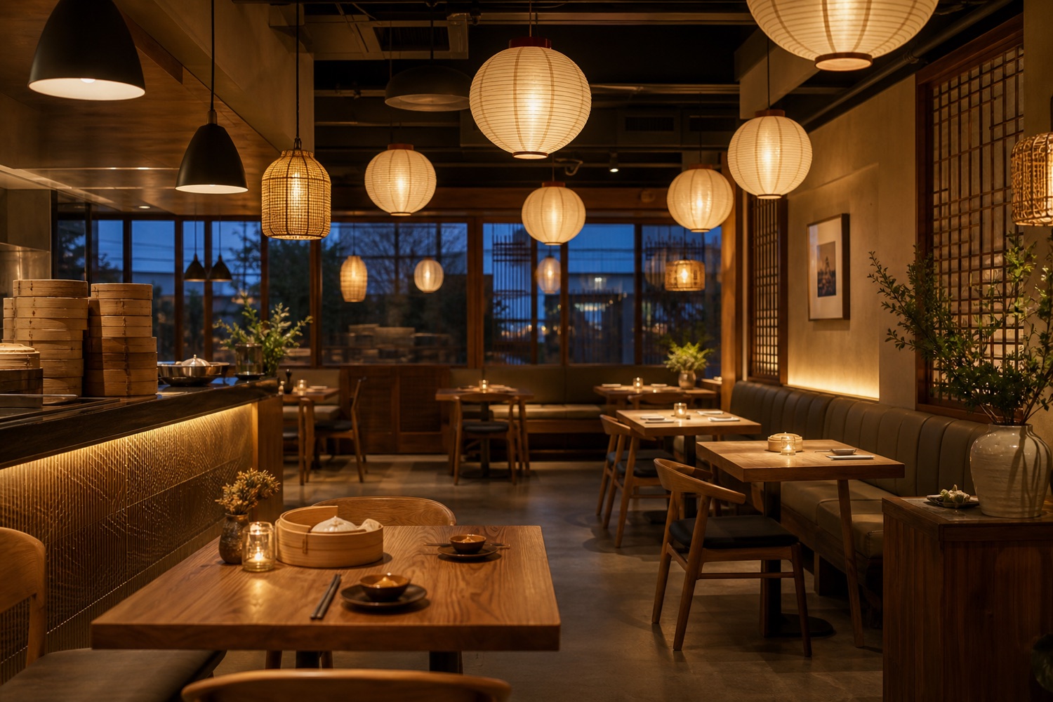 Golden Fold's dining room at night, lantern-lit tables and warm wood surfaces